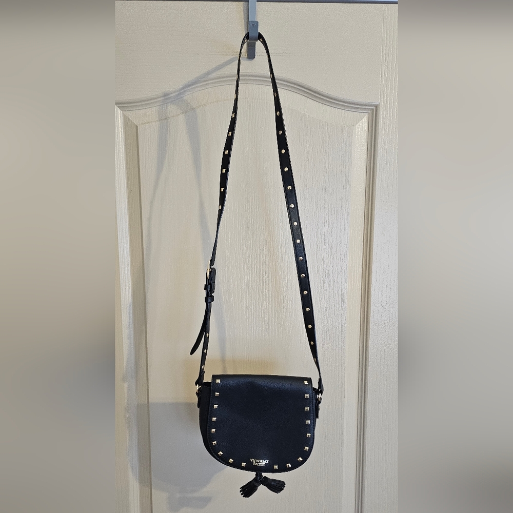Victoria's Secret Black Faux Leather Crossbody Purse with GoldTone Studded Strap